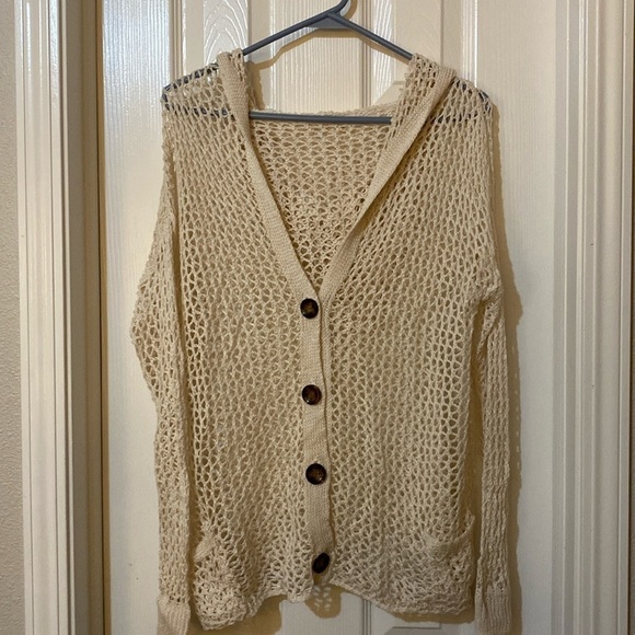 POL Cream open weave lace knit button up cardigan hoodie sweater size Medium - Picture 1 of 7